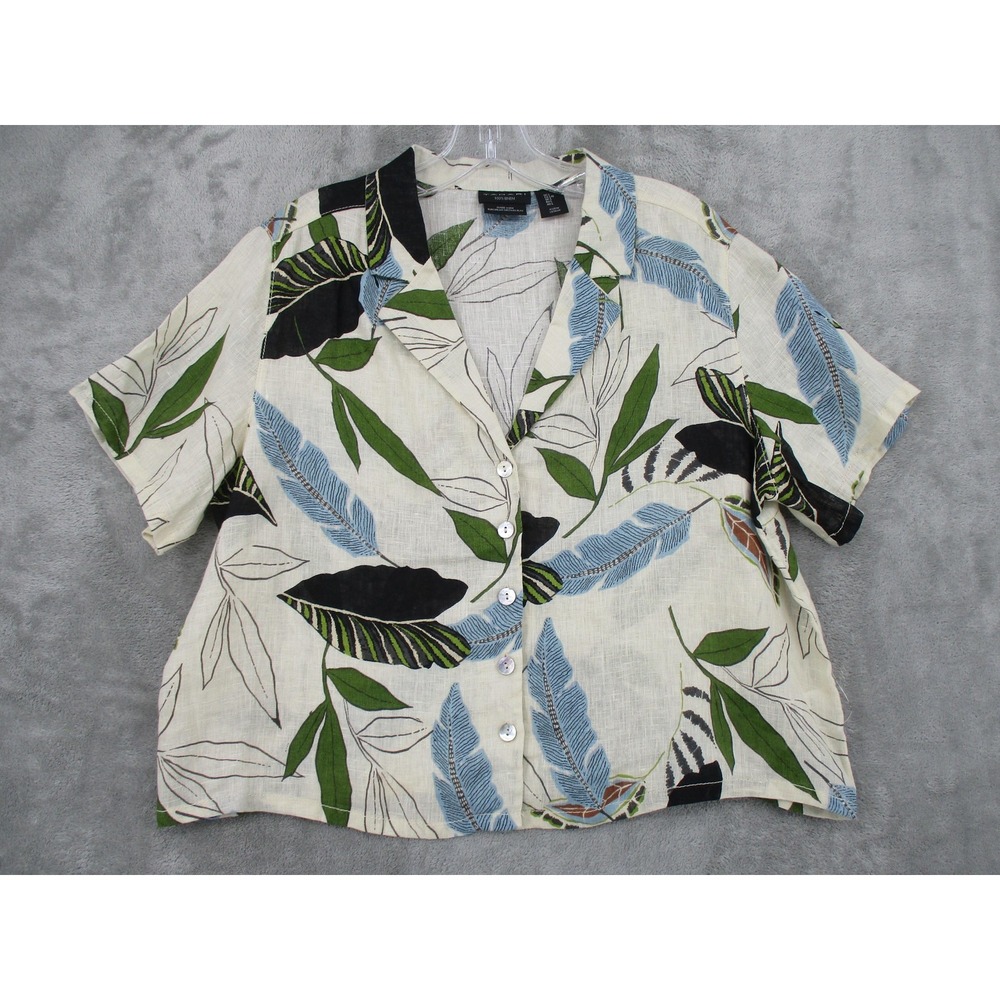 Tahari Shirt Large‎  Linen Button Tropical Short Sleeve Leaf Botanical Bohemian